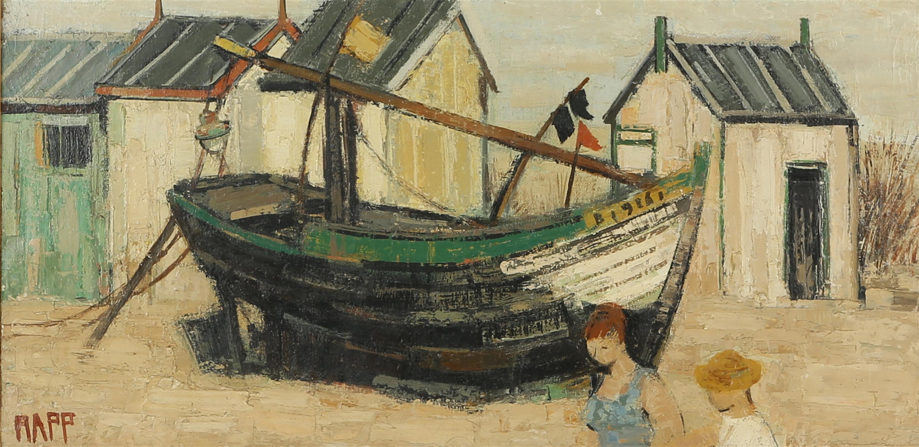 Ginette Rapp (1928-1998), Barque sur la sable, oil on canvas, signed lower left, 31 x 61cm. Framed