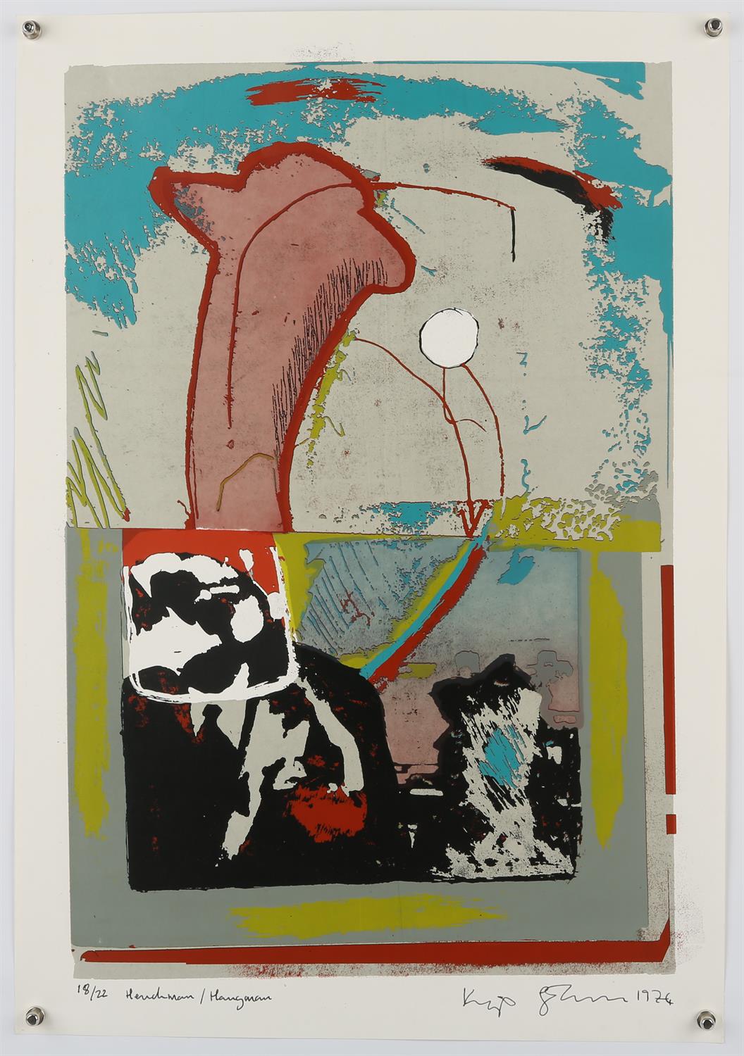 Kip Gresham (b.1951), 'Henchman/Hangman'; Untitled; Blue Face, three screenprints, two signed,