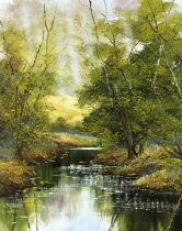 Terence Evans (British b.1943), Wooded river scene, oil on canvas, 75 x 60cm. Framed