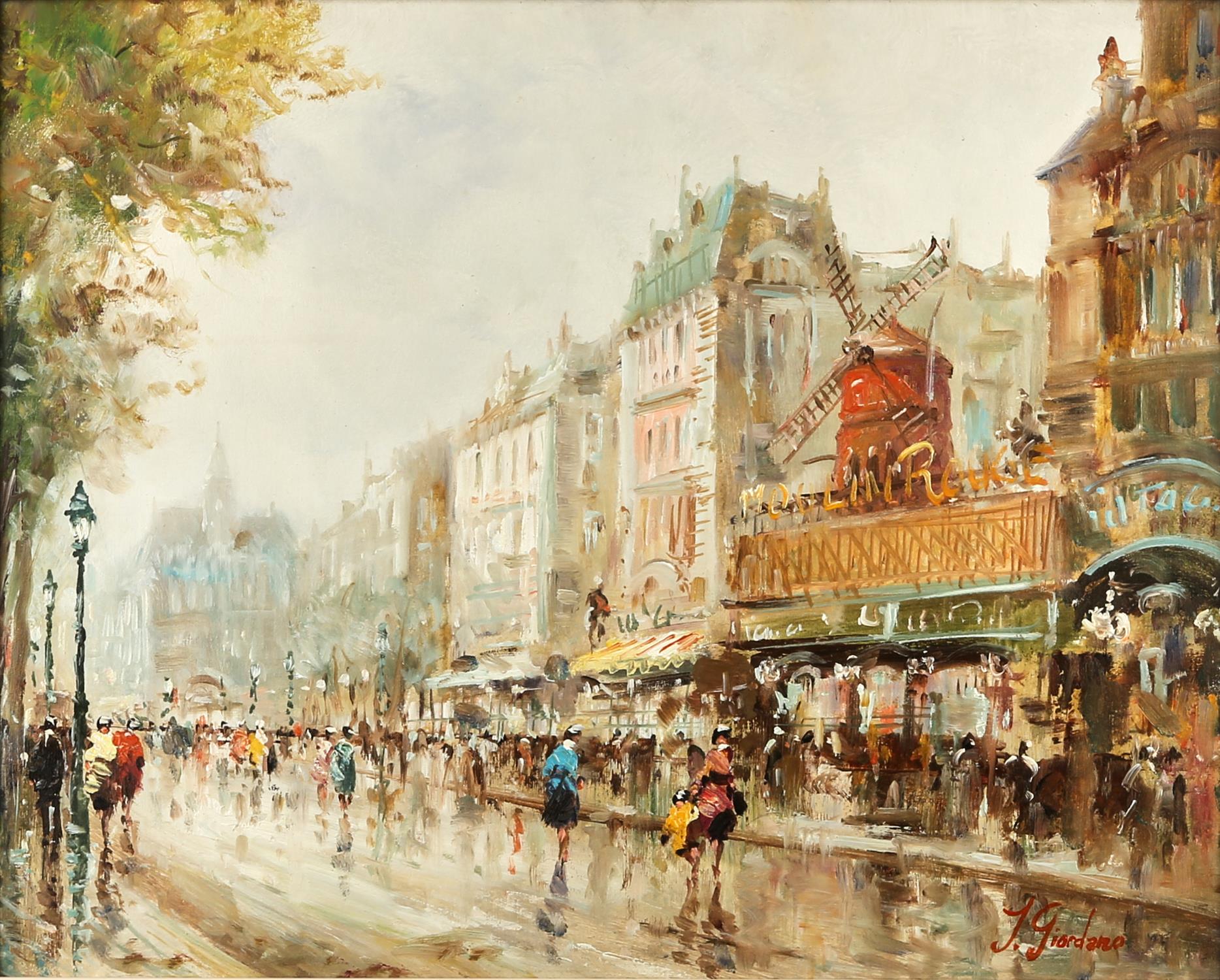 J. Giordano (20th century), Paris Street scene; The Moulin Rouge, Paris, a pair, oil on canvas,