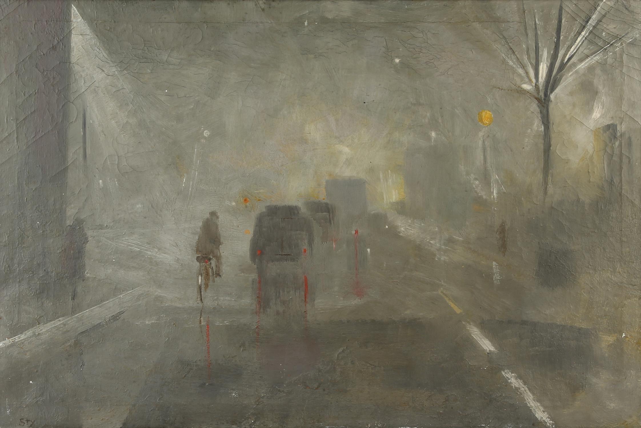 ** Sty (20th century). Street scene with vehicles and cyclist at dusk, oil on canvas,