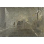 ** Sty (20th century). Street scene with vehicles and cyclist at dusk, oil on canvas,