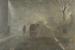 ** Sty (20th century). Street scene with vehicles and cyclist at dusk, oil on canvas,