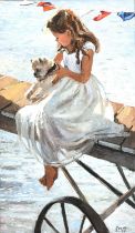 § Sheree Valentine Daines (British b.1959), Friends on the Jetty, oil on board, signed with