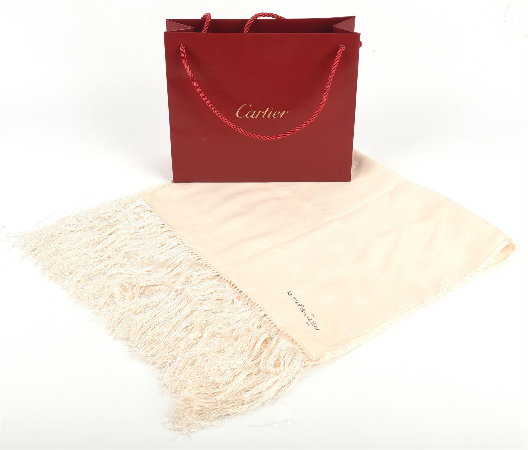 CARTIER LES MUST DE CARTIER gentleman's cream silk embossed evening scarf with fringe 90cm x 40cm