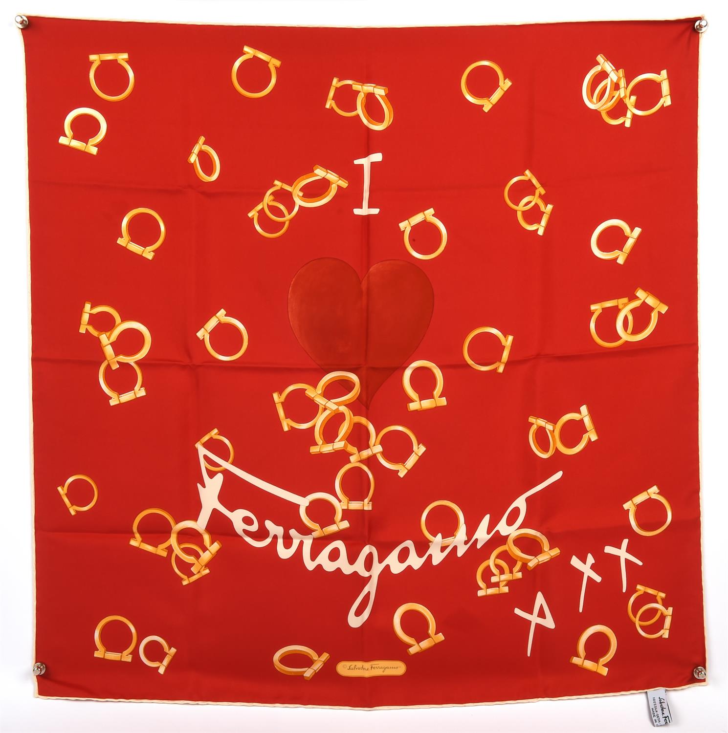SALVATORRE FERRAGAMO red love-heart-link fine silk scarf (65cm x 65cm)