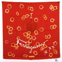 SALVATORRE FERRAGAMO red love-heart-link fine silk scarf (65cm x 65cm)