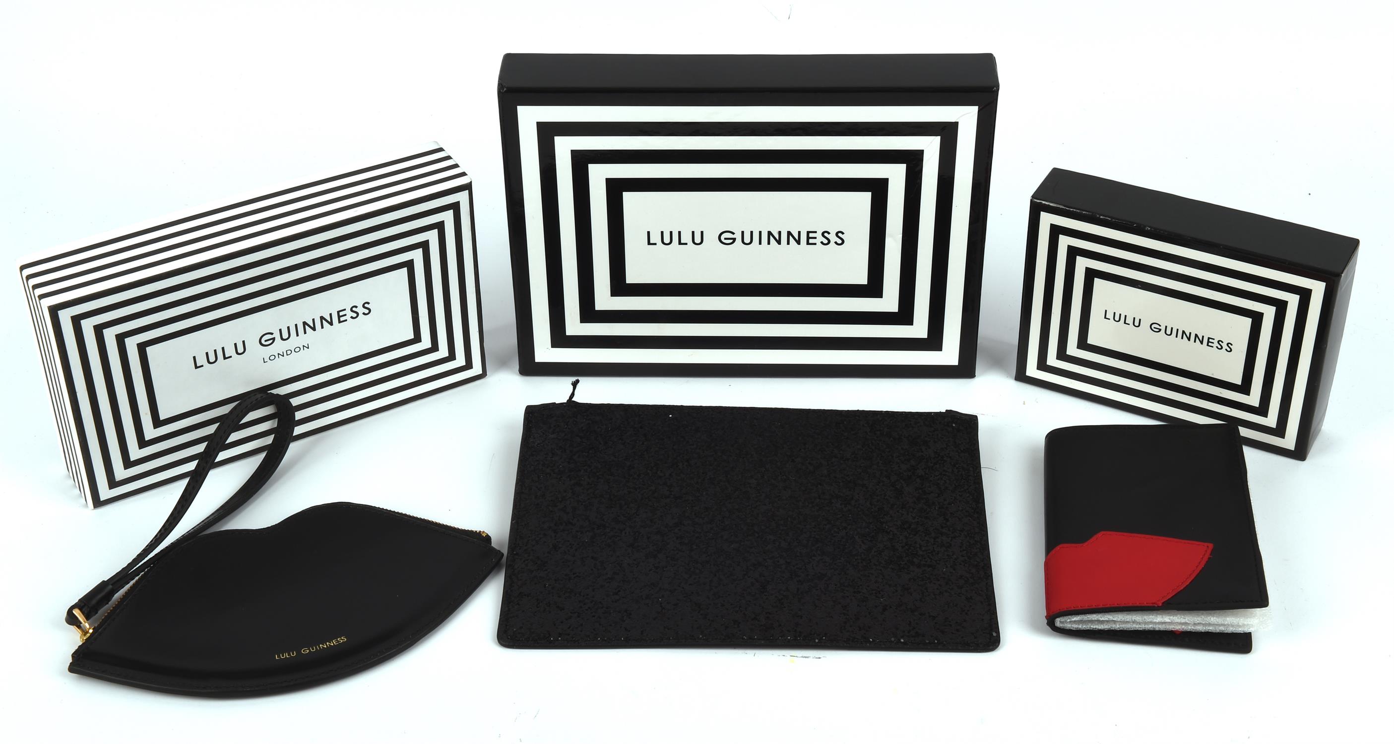 LULU GUINNESS boxed black glitter clutch bag with lipstick charm with paperwork * LULU GUINNESS