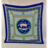LANCEL silk scarf in blue depicting a ship and dolphins
