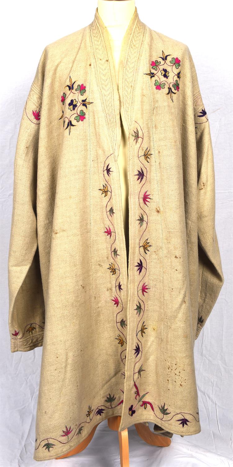 An antique Afghan soft wool KUSAI coat with decorative embroidery and very long sleeves and velvet