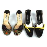 PRADA black leather kitten heels * JIMMY CHOO floral mules * RALPH LAUREN iridescent navy car shoes