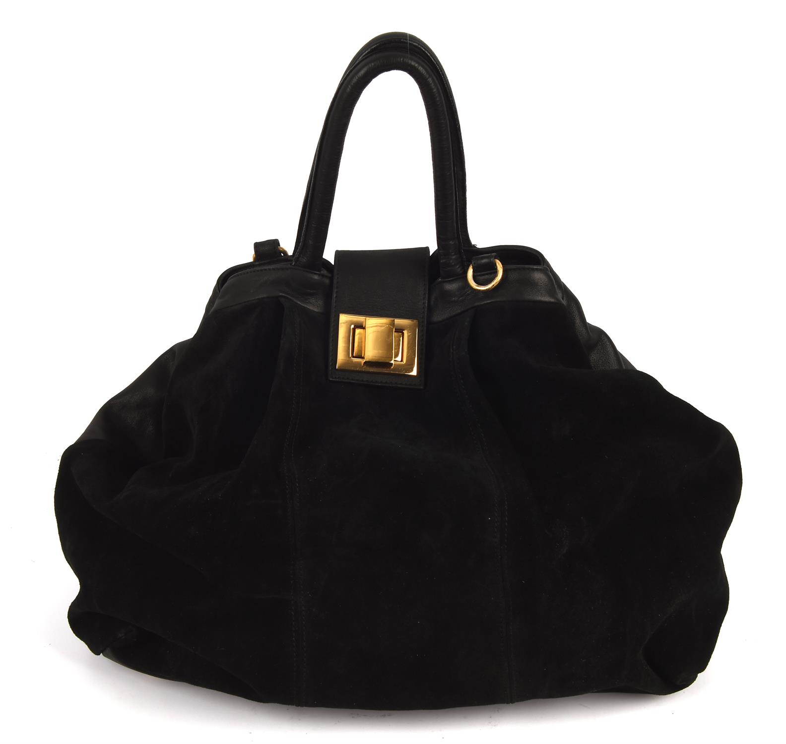 RUSSELL & BROMLEY 1990s a large vintage black leather and suede tote handbag with gold hardware and - Image 2 of 6