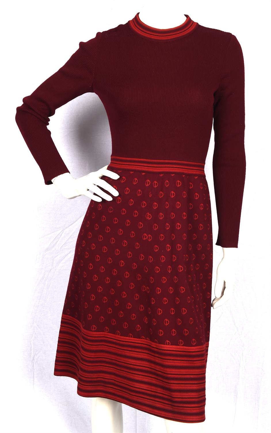 CHRISTIAN DIOR DIORLING 1970s knitted wool dress in burgundy and orange. Fits UK10 * CHRISTIAN DIOR