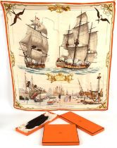 HERMES boxed silk scarf "LA FLORE" * HERMES boxed ladies brown kid leather gloves with gold