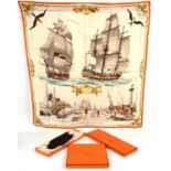 HERMES boxed silk scarf "LA FLORE" * HERMES boxed ladies brown kid leather gloves with gold