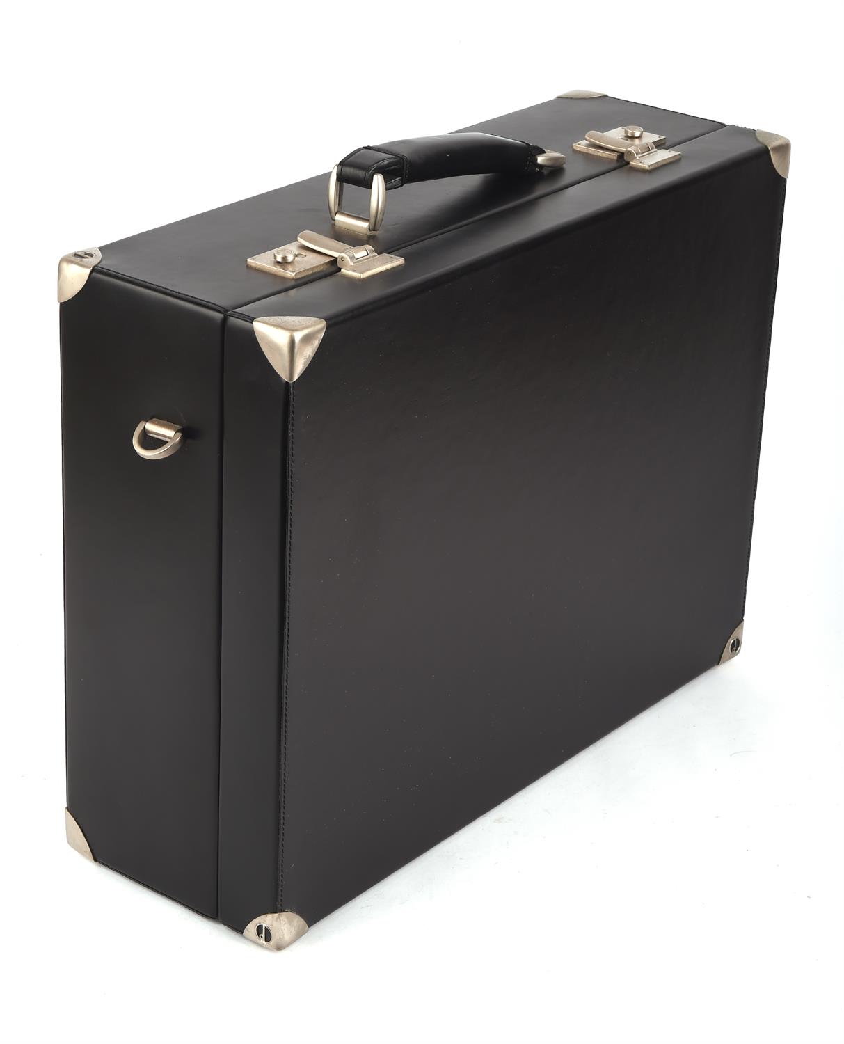 DUNHILL A quality black leather rigid briefcase with separate leather cover with brushed silver