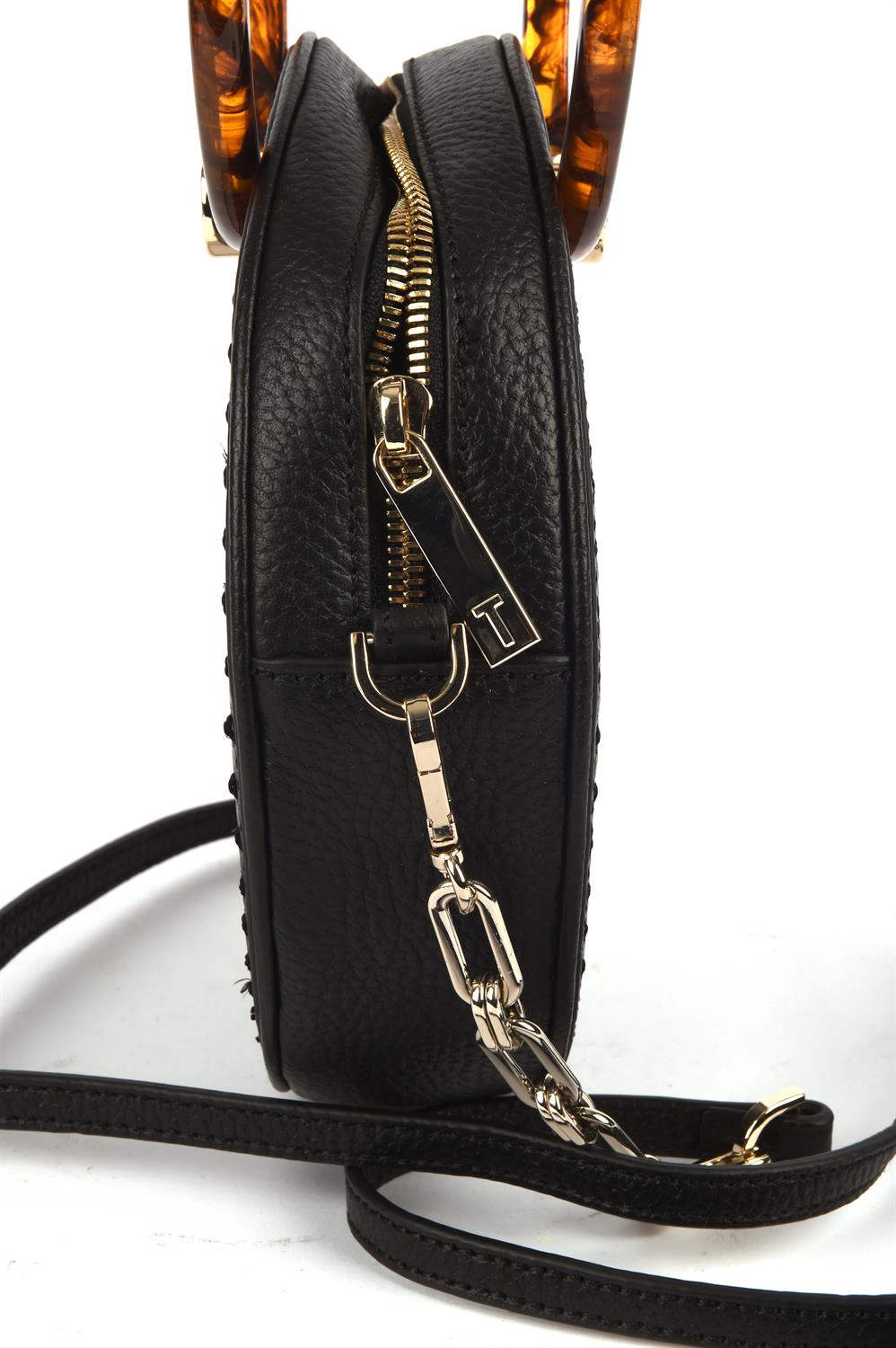 TED BAKER round black grained leather cross body handbag with brown Perspex tortoiseshell coloured - Image 4 of 5