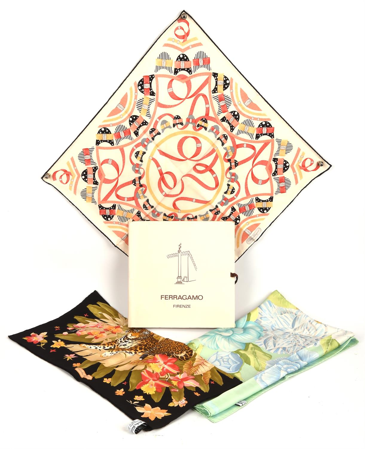 SALVATORRE FERRAGAMO three ladies silk scarves in original envelope package.