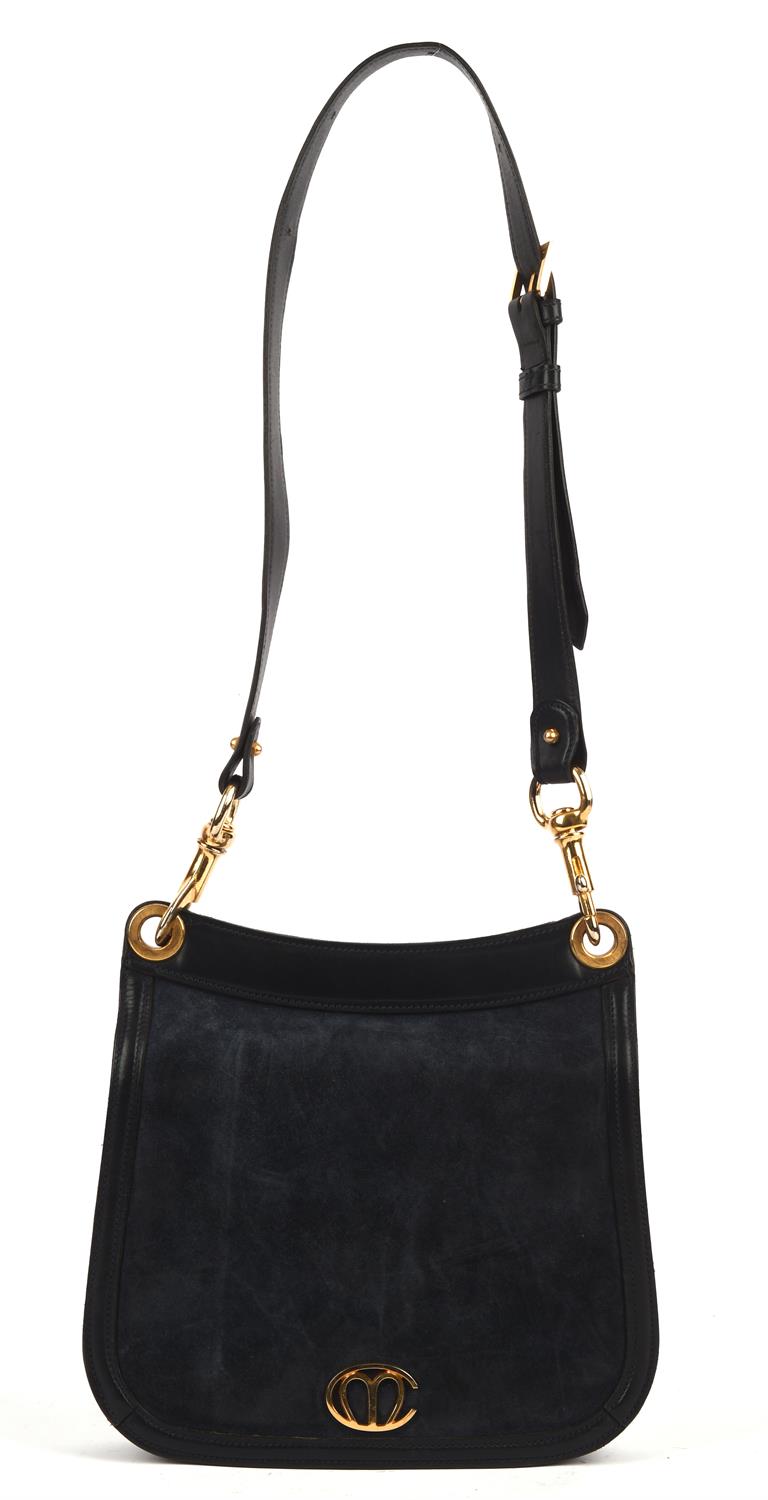 MARK CROSS (American luxury designer) navy blue leather and suede handbag with brass hardware (24cm