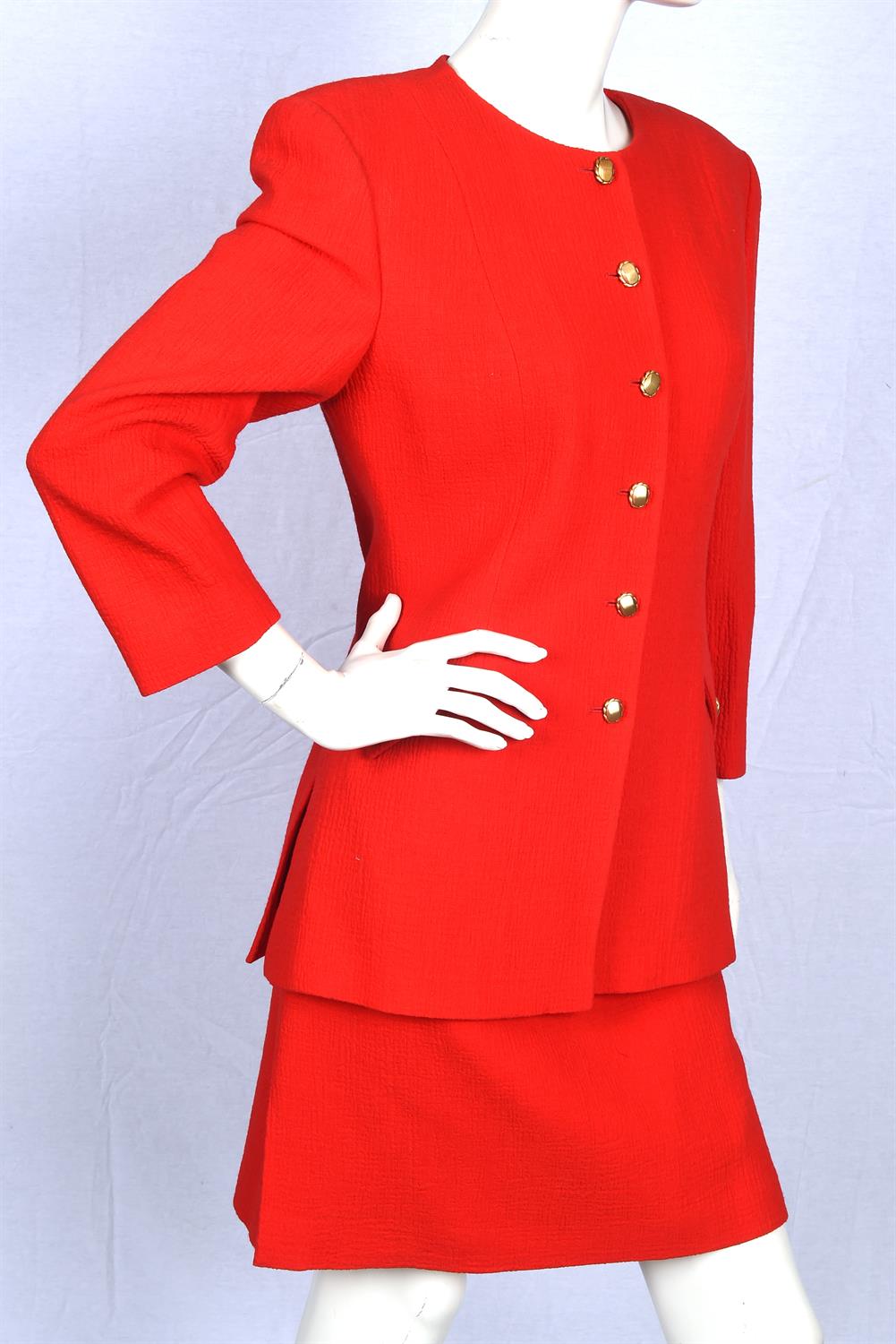 VALENTINO "MISS V" A lipstick red 1990s two piece skirt suit with brass statement buttons Fits UK - Image 3 of 5