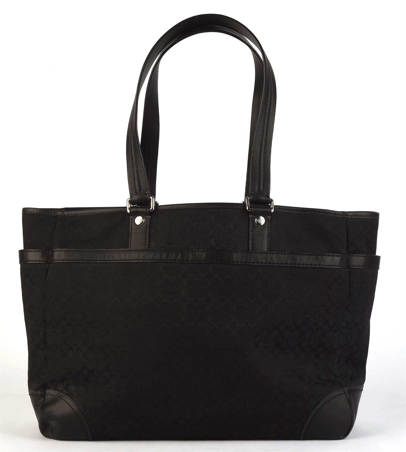 COACH a large black canvas and leather work bag or ladies briefcase with silver coloured hardware
