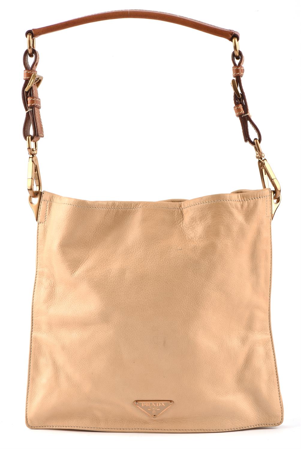 PRADA 1990s light tan square leather bag with baby blue leather lining. With gold coloured hardware - Image 4 of 4