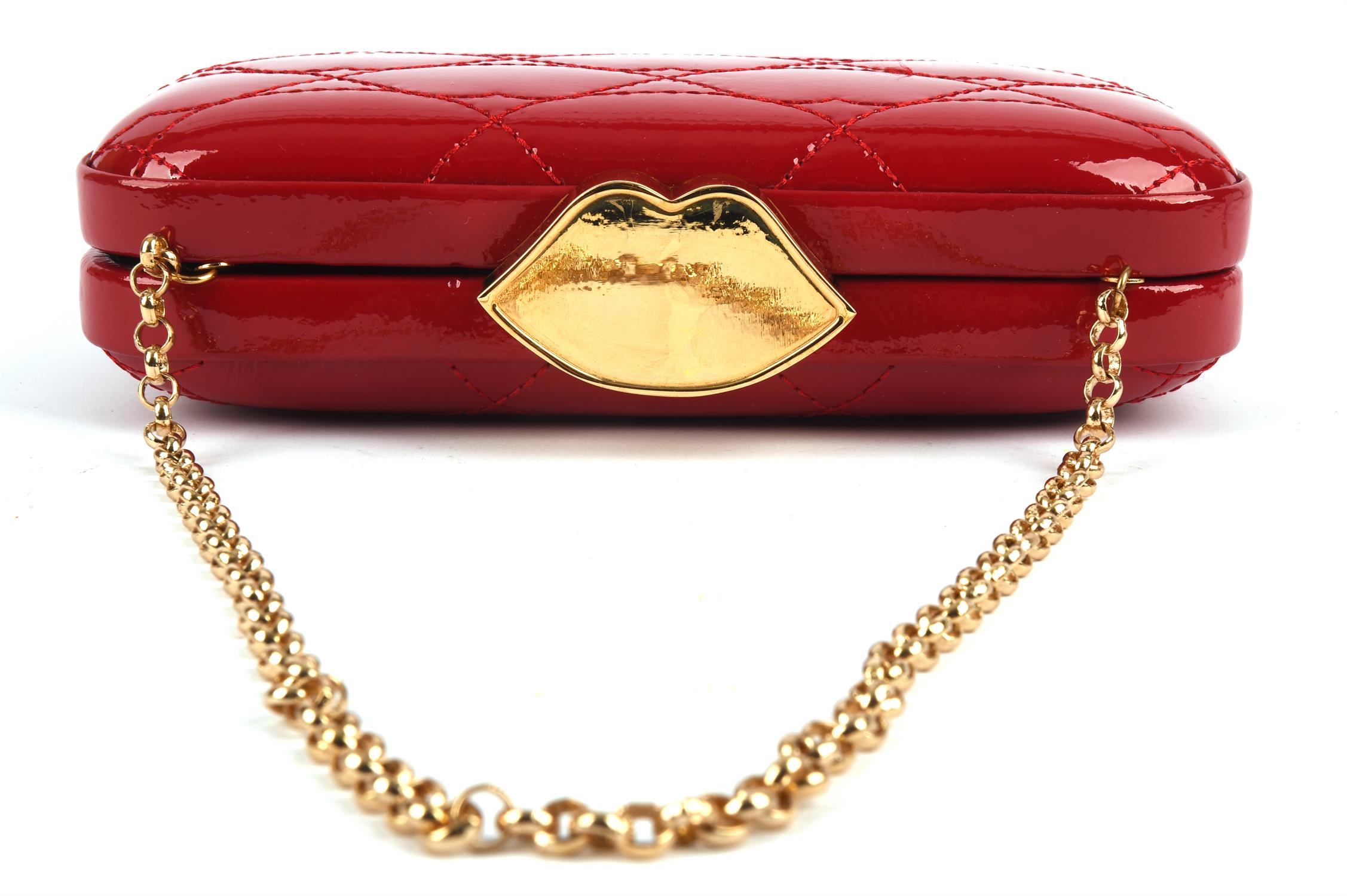 LULU GUINNESS boxed lipstick red leather lips handbag with gold chain and hardware with dust bag - Image 5 of 7
