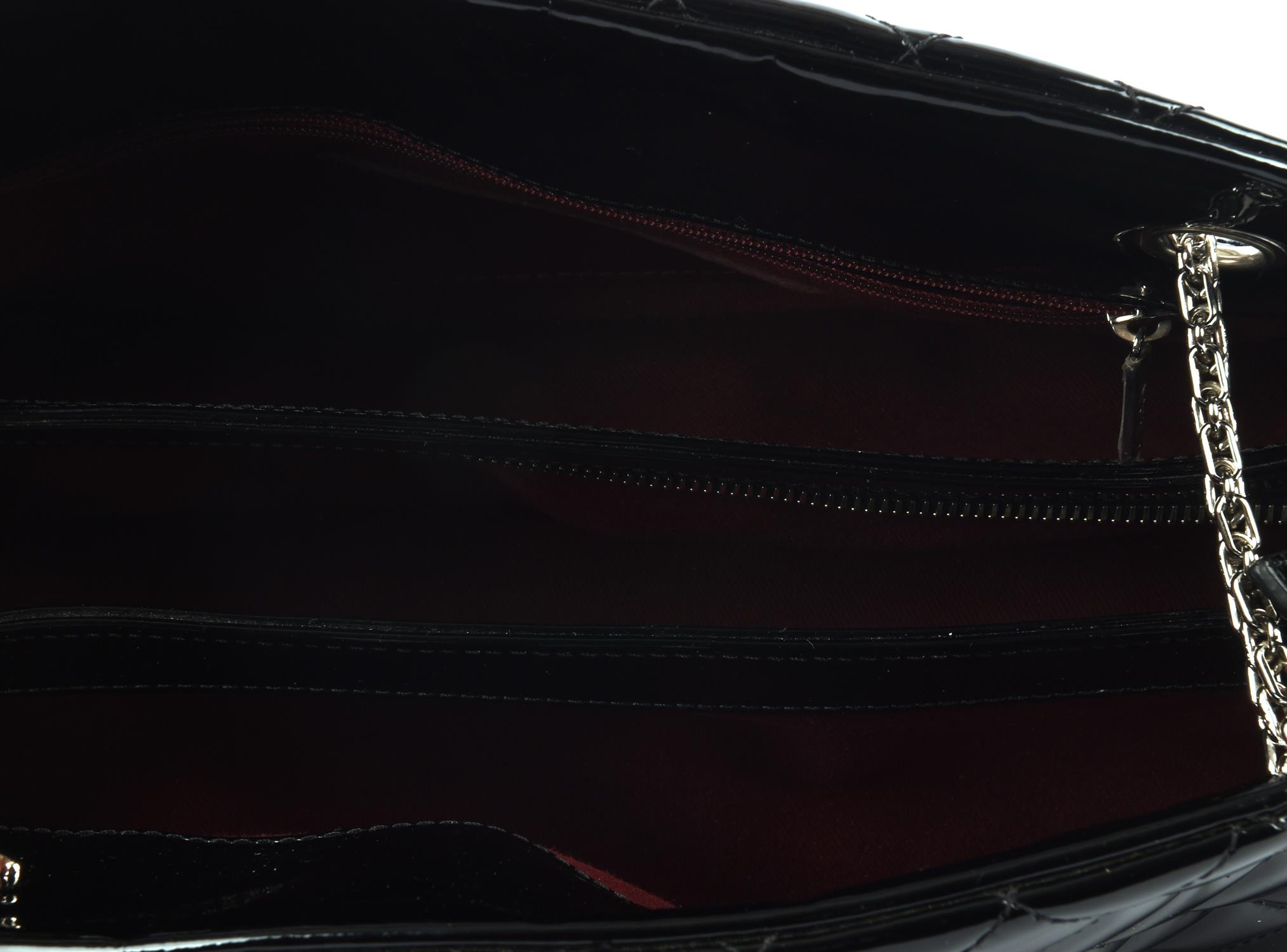 CHANEL quilted black patent Mademoiselle handbag with silver hardware and burgundy canvas interior. - Image 7 of 8