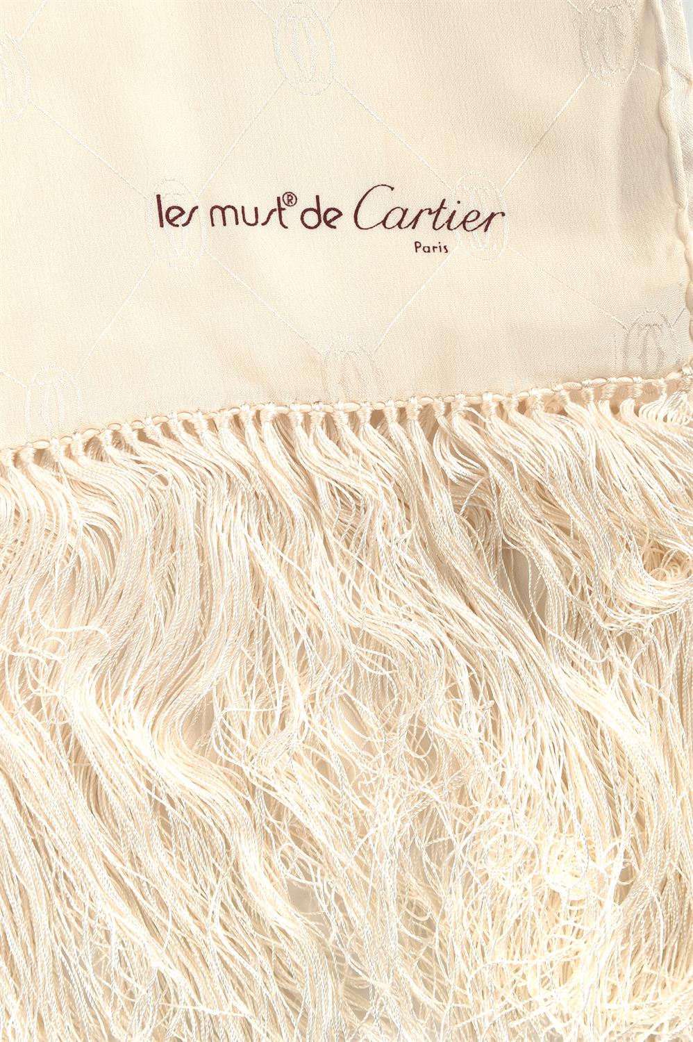 CARTIER LES MUST DE CARTIER gentleman's cream silk embossed evening scarf with fringe 90cm x 40cm - Image 2 of 3