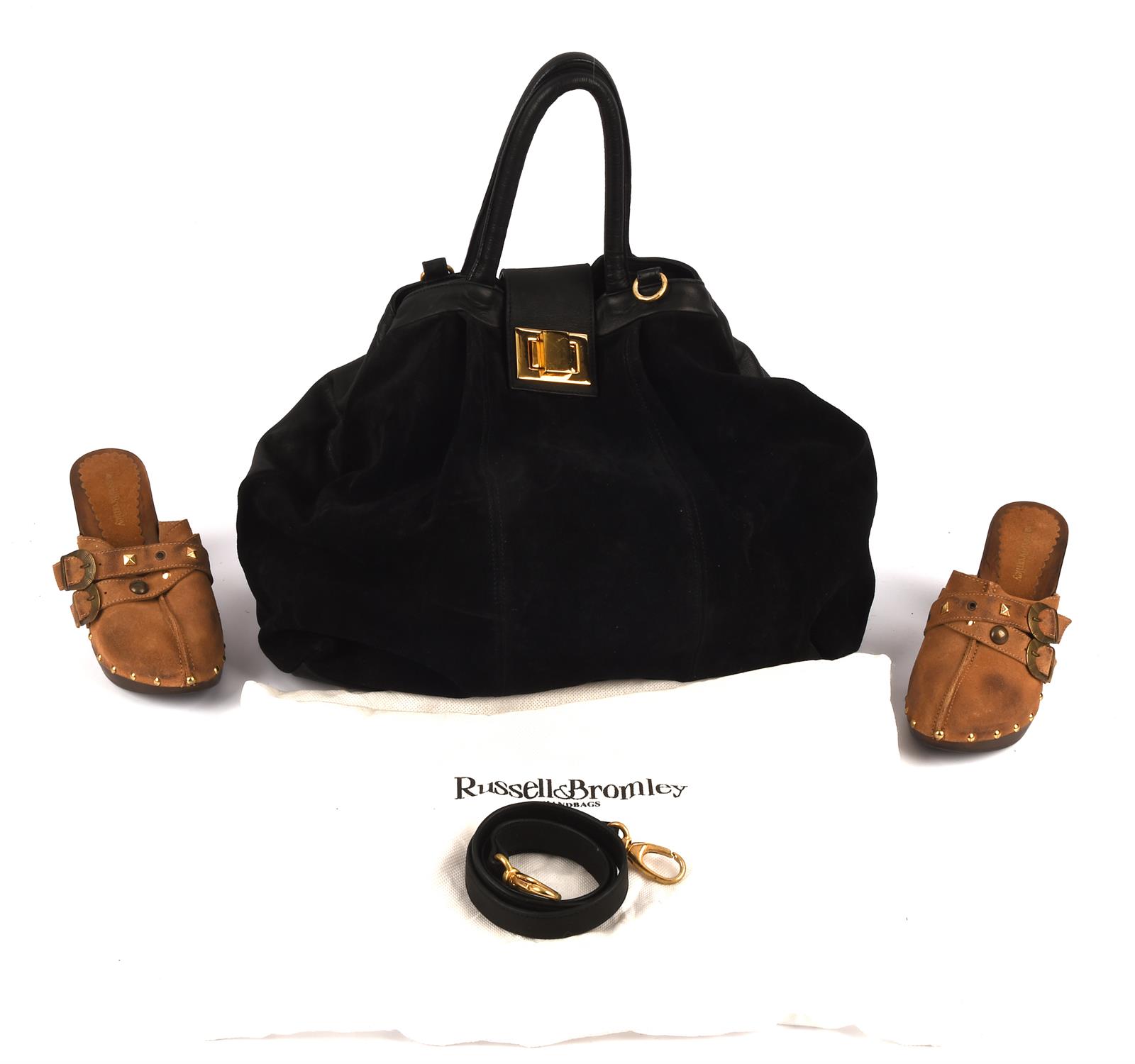 RUSSELL & BROMLEY 1990s a large vintage black leather and suede tote handbag with gold hardware and