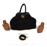 RUSSELL & BROMLEY 1990s a large vintage black leather and suede tote handbag with gold hardware and