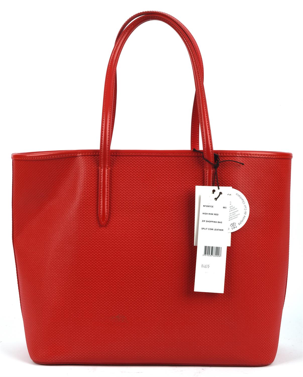 LACOSTE zipped "High Risk Red" split leather tote shopping bag (29cm x 29cm x 6cm) - Image 3 of 6