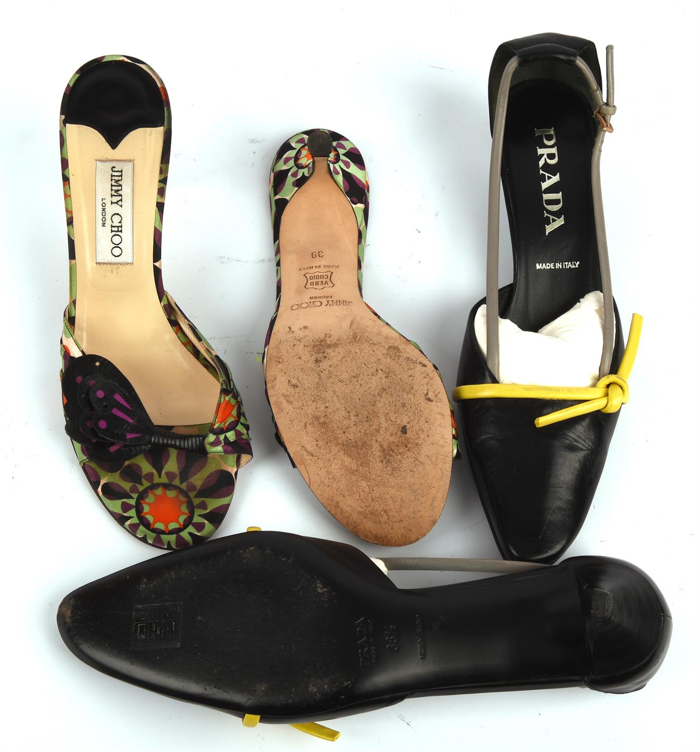 PRADA black leather kitten heels * JIMMY CHOO floral mules * RALPH LAUREN iridescent navy car shoes - Image 2 of 4