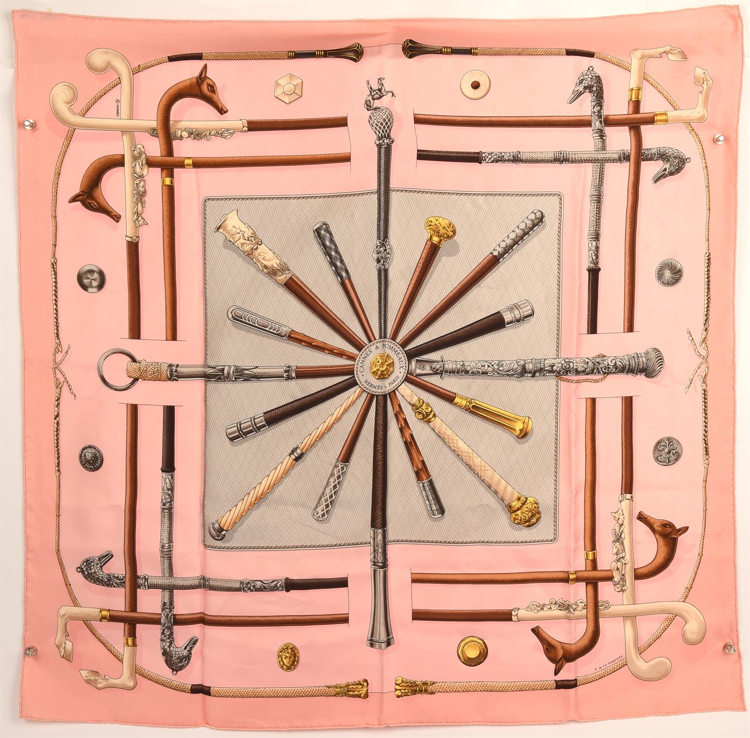 HERMES boxed silk scarf Cannes et Pommaux in pink colourway