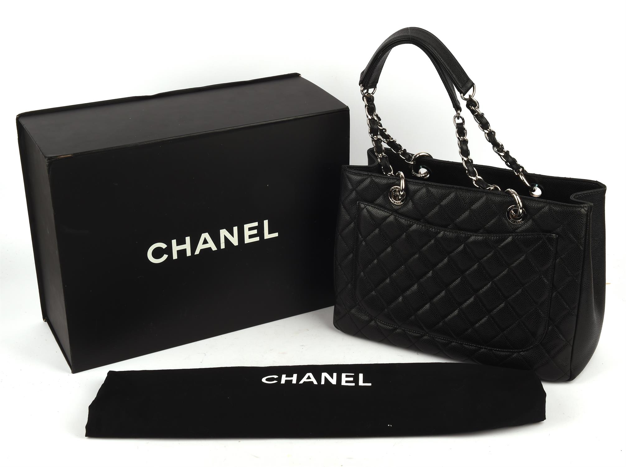 CHANEL A boxed black caviar leather tote Grand Shopping Bag with silver coloured hardware with dust