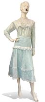 MARISA MARTIN London. A baby-blue and white broderie and lace cotton 1970s /80s summer skirt-suit