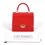 LULU GUINNESS lipstick red leather and suede framed handbag with long strap, dust bag and paperwork.