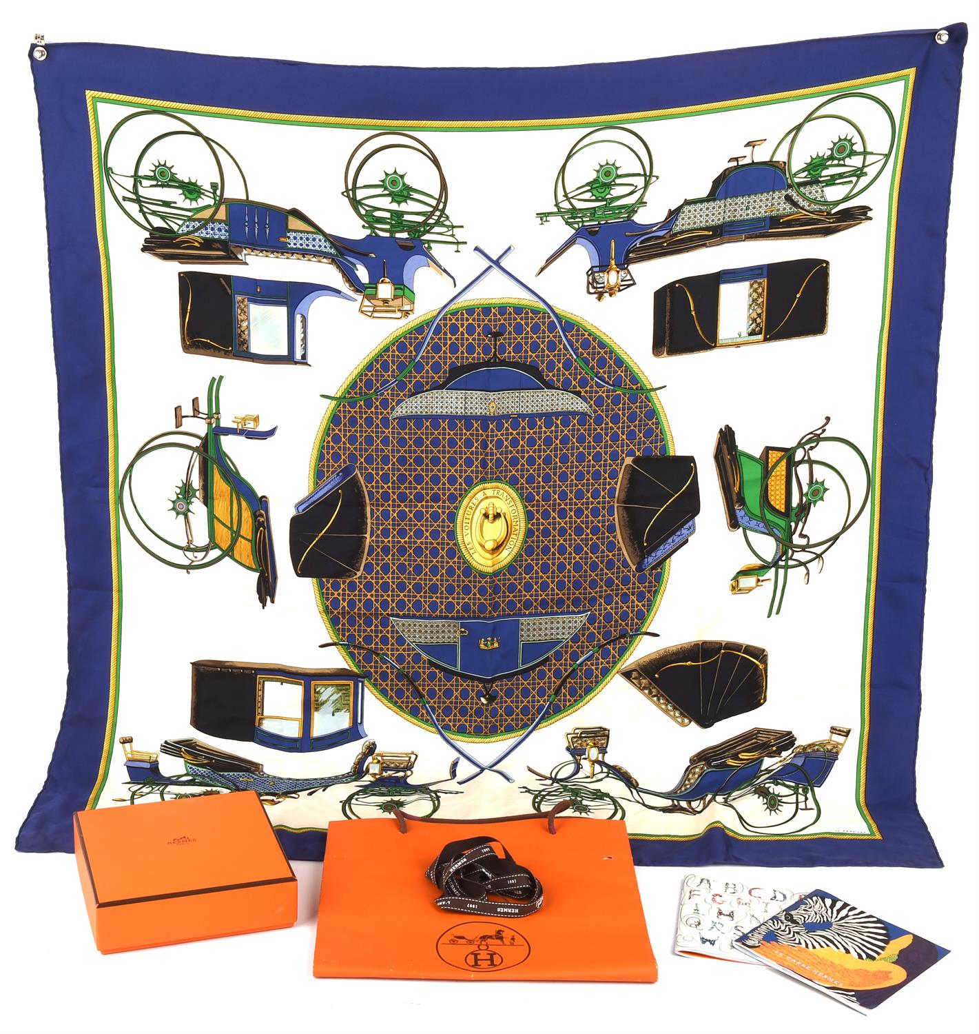 HERMES silk scarf (Rare blue colourway) Les Voitures Transformation, Boxed with ribbon and two Le