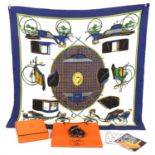 HERMES silk scarf (Rare blue colourway) Les Voitures Transformation, Boxed with ribbon and two Le