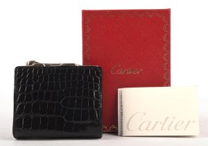 CARTIER MUST DE CARTIER boxed black croc leather purse with silver leather lining and silver