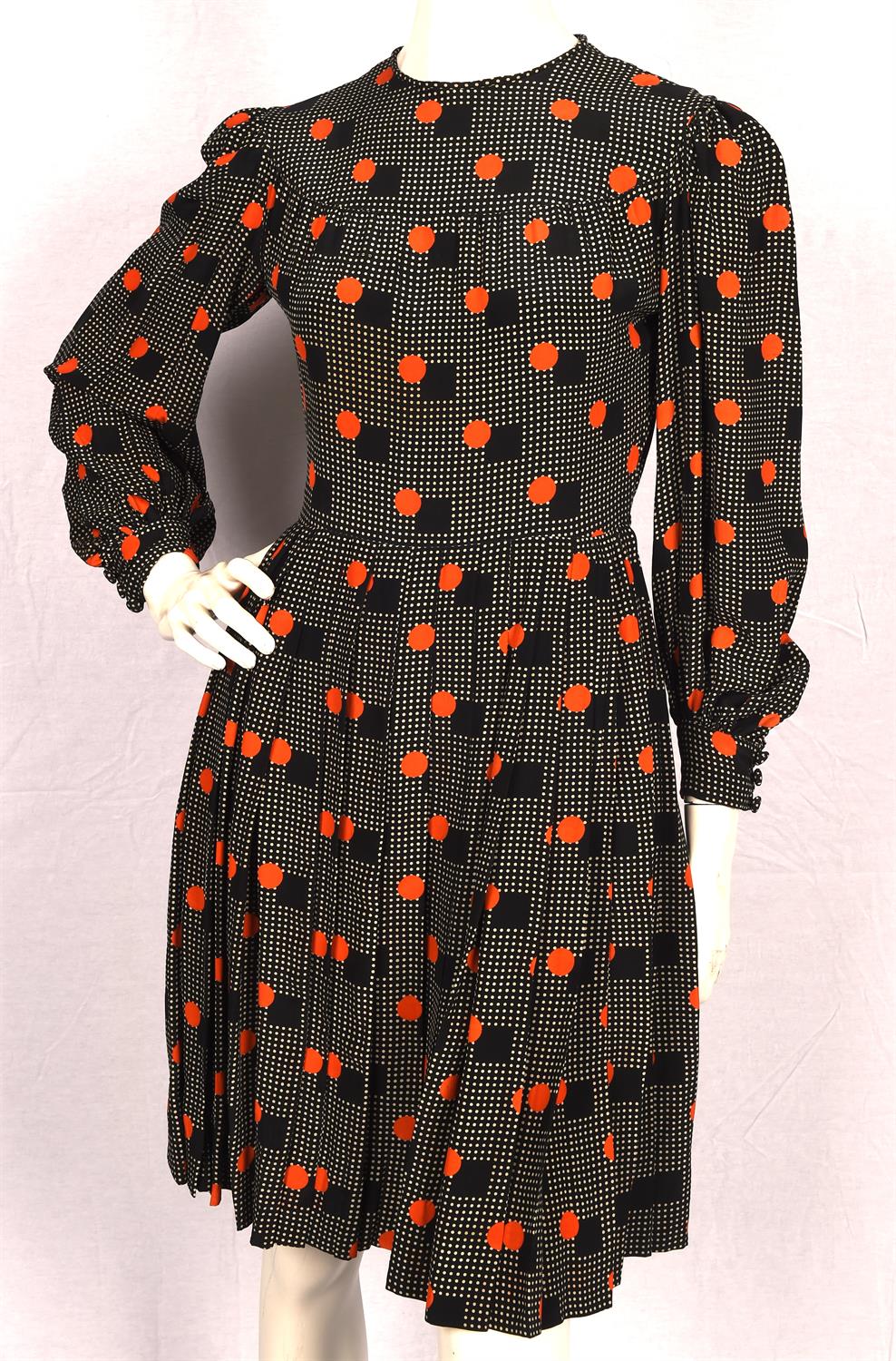 CHRISTIAN DIOR serial-numbered 1970s lined silk pleated shirt-waister zipped tea dress in black