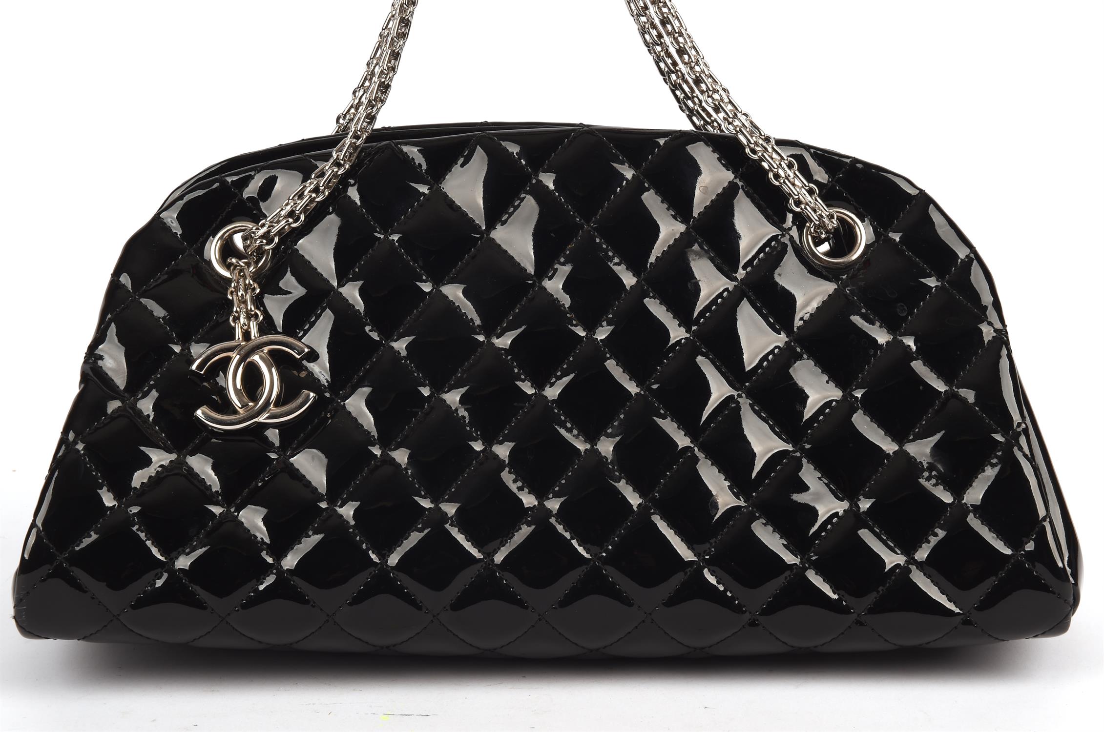 CHANEL quilted black patent Mademoiselle handbag with silver hardware and burgundy canvas interior. - Image 2 of 8