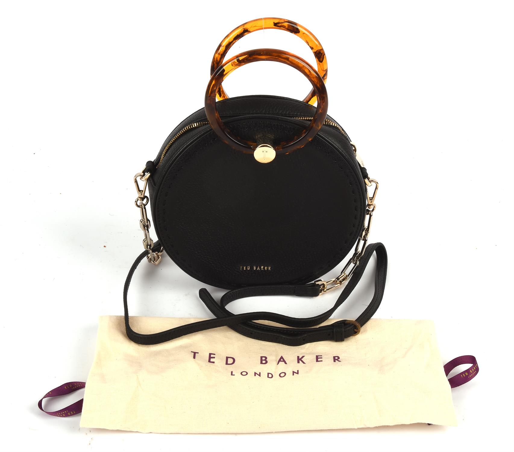 TED BAKER round black grained leather cross body handbag with brown Perspex tortoiseshell coloured