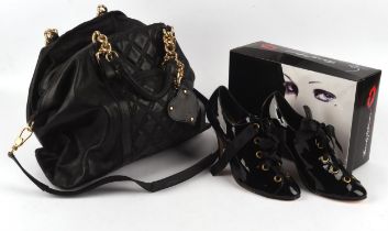 RUSSELL & BROMLEY BEVERLERY FELDMAN black patent leather 1990s ribboned all leather evening shoes