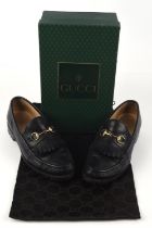 GUCCI ladies moccasin gold-tone fringed horse-bit snaffle loafers in black calf leather UK5 EU38