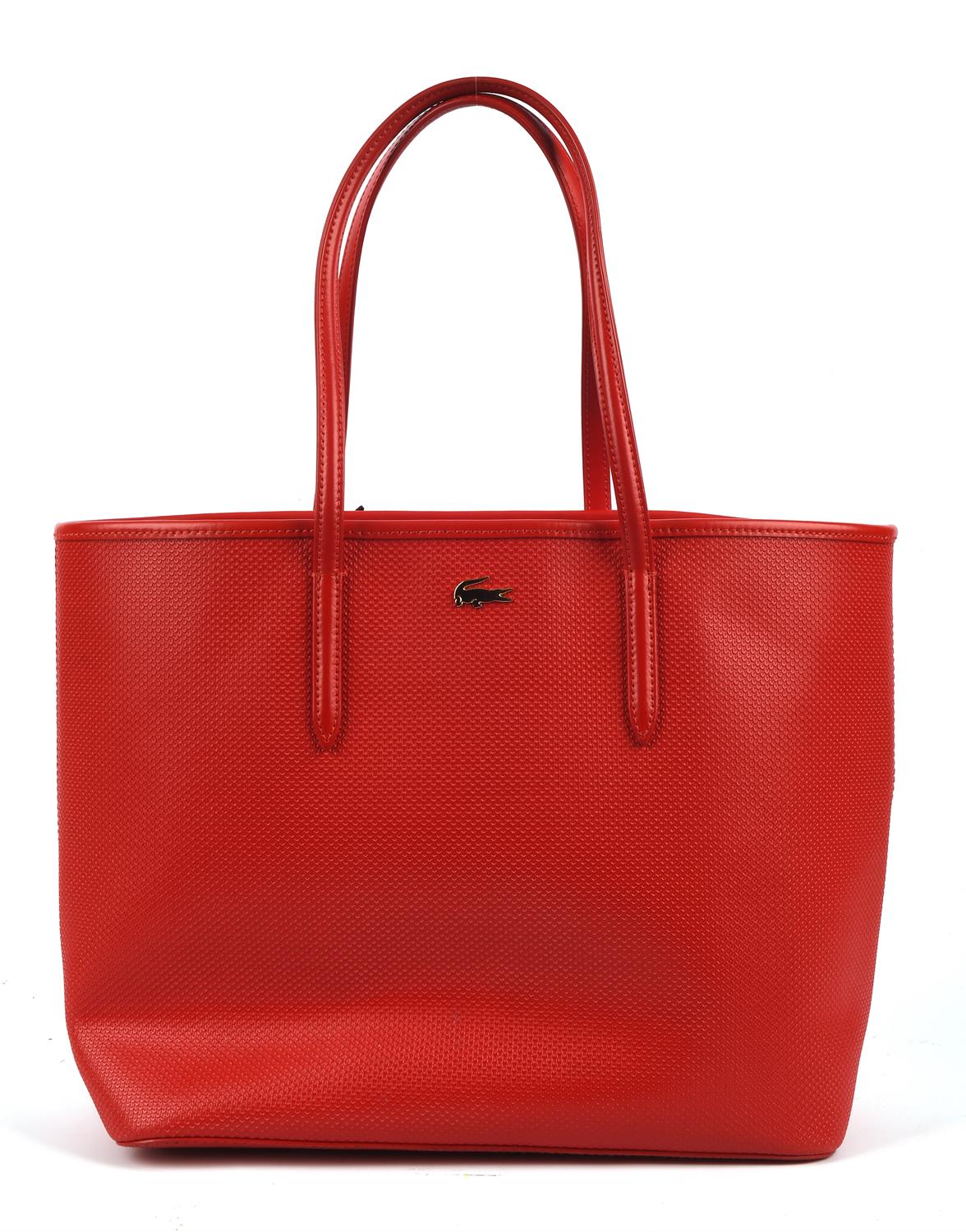 LACOSTE zipped "High Risk Red" split leather tote shopping bag (29cm x 29cm x 6cm)