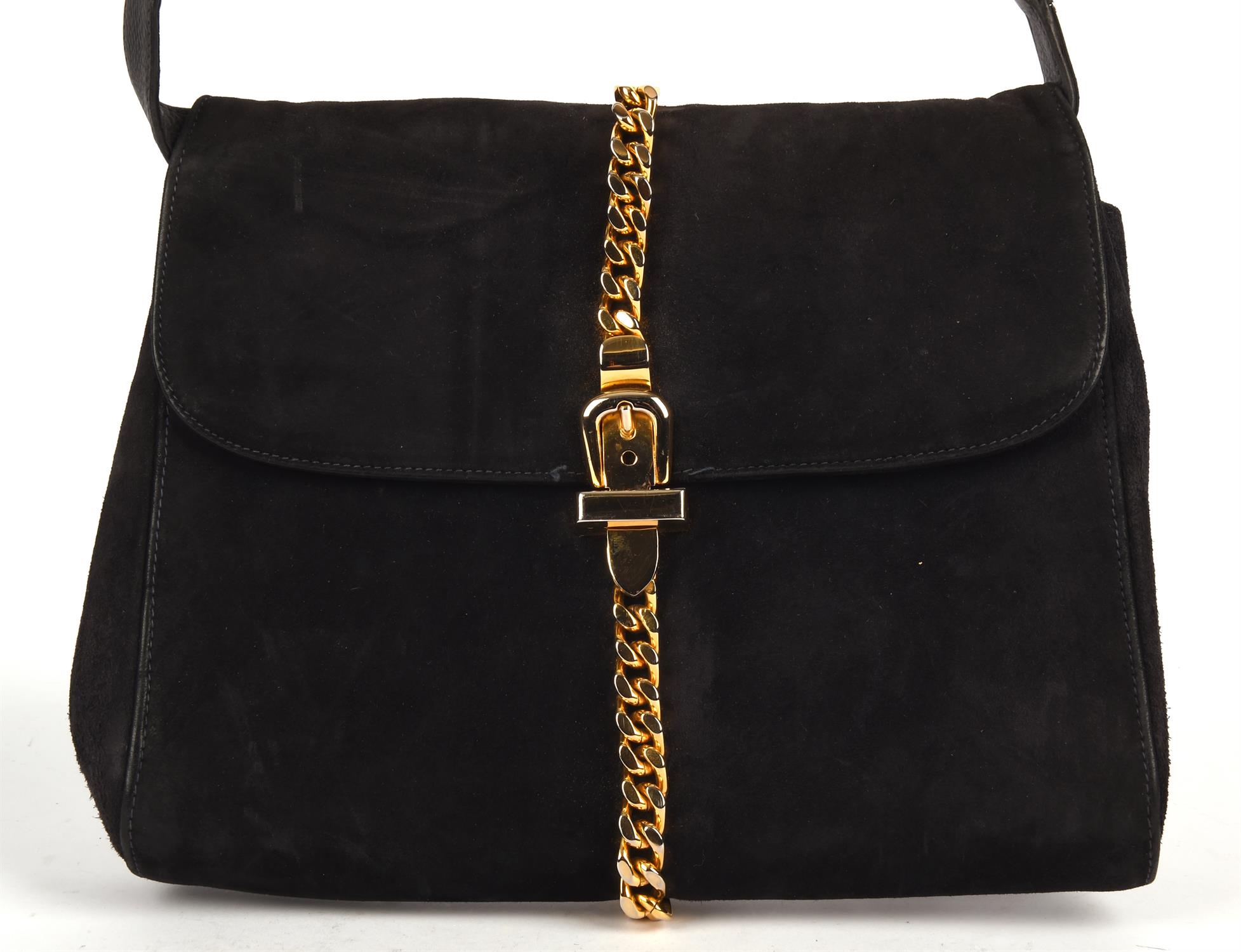 GUCCI a navy blue suede vintage handbag with gold coloured chain detail and leather strap (23cm x - Image 2 of 5