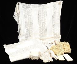Two Edwardian large cotton lacework bedcovers and approximately 20 pieces of lace in the form of