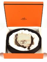 HERMES boxed gents black leather belt with silver coloured "H" buckle and original cloth pouch