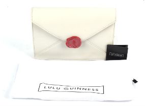 LULU GUINNESS dove-grey envelope clutch bag with long gold coloured chain unused with label and